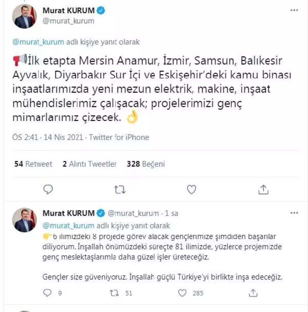 Bakan Kurum: 8 projede yeni mezun elektrik, makine ve inşaat mühendislerimiz çalışacak