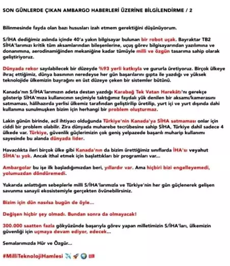 Selçuk Bayraktar, son günlerde çıkan ambargo haberleri üzene açıklama yaptı