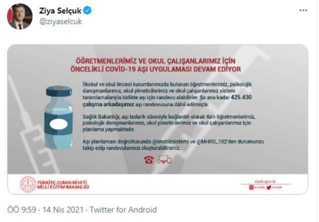 Son dakika haberleri: Bakan Selçuk: 425 bin 430 öğretmen ve okul çalışanı, aşı randevusuna dahil edildi Son dakika haberleri: Bakan Selçuk: 425 bin 430 öğretmen ve okul çalışanı, aşı randevusuna dahil edildi