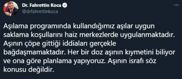 Sağlık Bakanı Koca'dan 'Aşılar çöpe gidiyor' iddiasına yanıt: İsraf söz konusu değildir