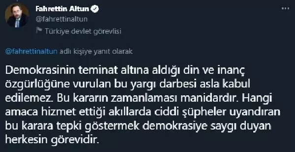 Altun'dan, KKTC Anayasa Mahkemesi'nin Kur-an kursu kararına tepki Altun'dan, KKTC Anayasa Mahkemesi'nin Kur-an kursu kararına tepki