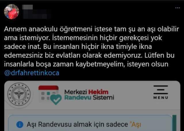 'Annem inat ediyor' diye tweet attı, ekipler harekete geçti! Bakan Koca, aşı olmak istemeyen öğretmeni telefonda ikna etti 'Annem inat ediyor' diye tweet attı, ekipler harekete geçti! Bakan Koca, aşı olmak istemeyen öğretmeni telefonda ikna etti