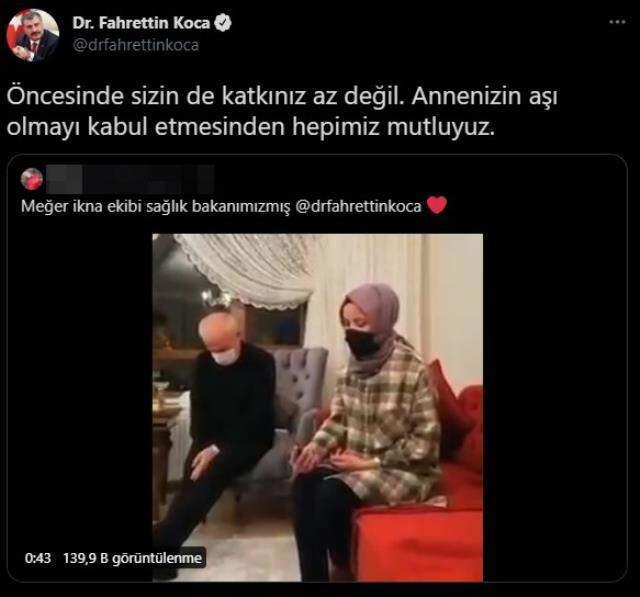 'Annem inat ediyor' diye tweet attı, ekipler harekete geçti! Bakan Koca, aşı olmak istemeyen öğretmeni telefonda ikna etti 'Annem inat ediyor' diye tweet attı, ekipler harekete geçti! Bakan Koca, aşı olmak istemeyen öğretmeni telefonda ikna etti