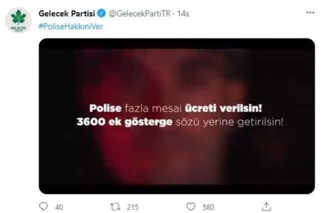 Gelecek Partisi'nden hükümete 3600 ek gösterge göndermesi! 'Polise hakkını ver' etiketiyle video paylaştılar Gelecek Partisi'nden hükümete 3600 ek gösterge göndermesi! 'Polise hakkını ver' etiketiyle video paylaştılar