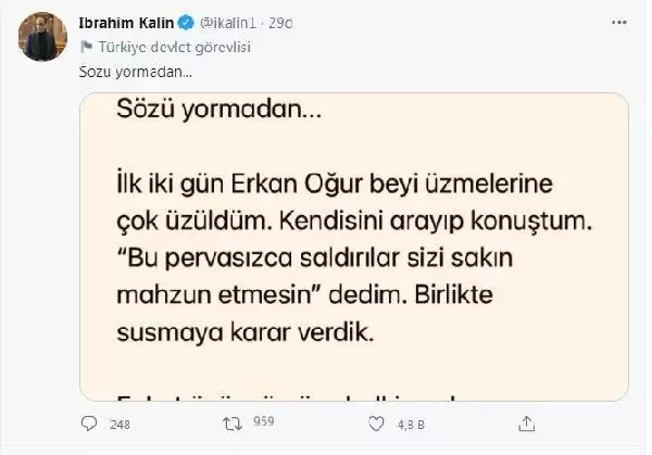 İbrahim Kalın'dan Erkan Oğur'a tepki: Birlikte susacaktık İbrahim Kalın'dan Erkan Oğur'a tepki: Birlikte susacaktık