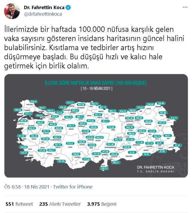 İl il koronavirüs vaka sayıları kaçtır? 10-16 Nisan İl il koronavirüs risk haritası ve haftalık vaka sayıları açıklandı mı?