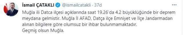 Muğla'nın Datça ilçesi açıklarında 4.2 büyüklüğünde deprem Muğla'nın Datça ilçesi açıklarında 4.2 büyüklüğünde deprem