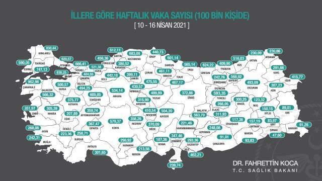 Son Dakika: Bakan Koca illere göre haftalık 100 bin kişide görülen vaka sayısını açıkladı