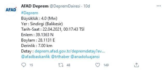 Balıkesir'de 4,0 büyüklüğünde deprem Balıkesir'de 4,0 büyüklüğünde deprem
