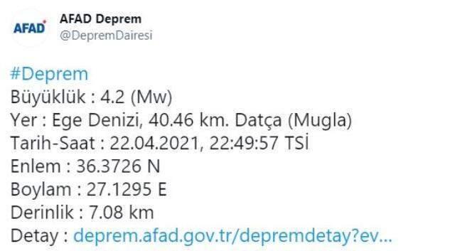 Datça açıklarında 4.2 büyüklüğünde deprem