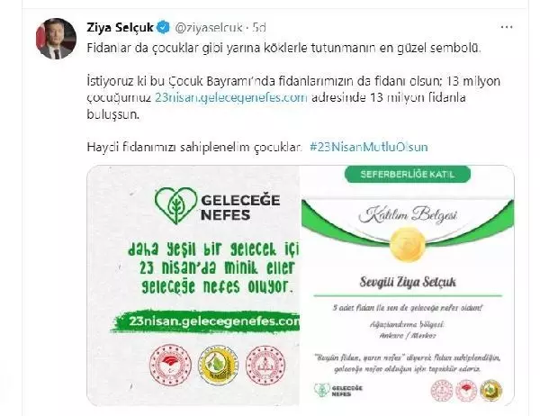 Bakan Selçuk'tan 'fidan sahiplenme' çağrısı Bakan Selçuk'tan 'fidan sahiplenme' çağrısı
