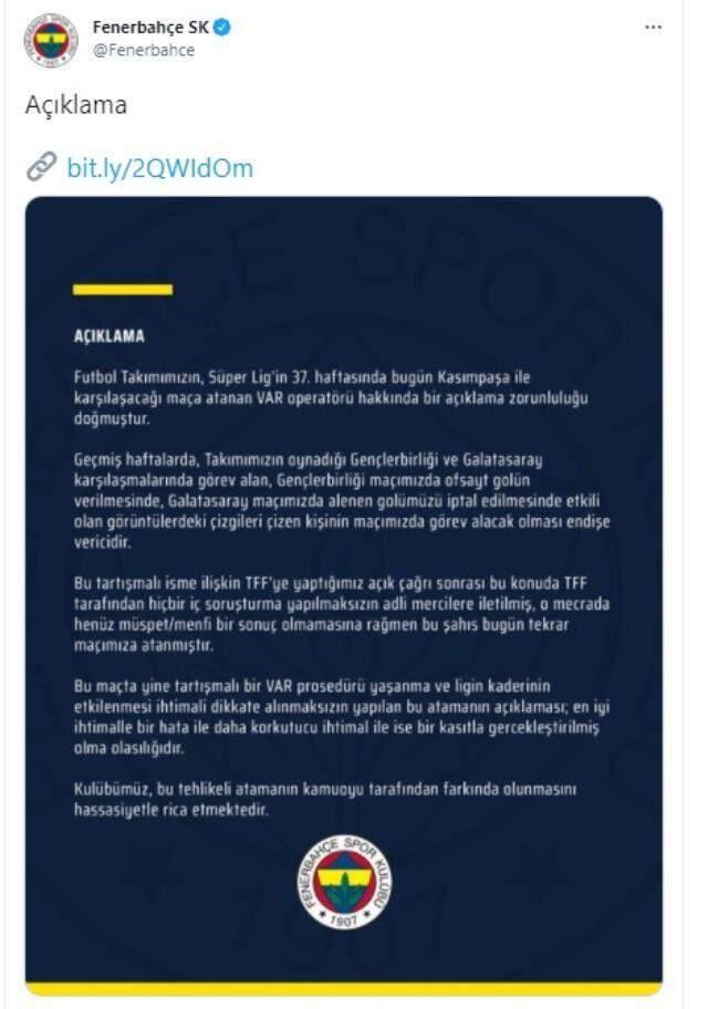 Fenerbahçe reacted to the VAR operator who filed a criminal complaint, taking part in the Kasımpaşa match Fenerbahçe reacted to the VAR operator who filed a criminal complaint, taking part in the Kasımpaşa match