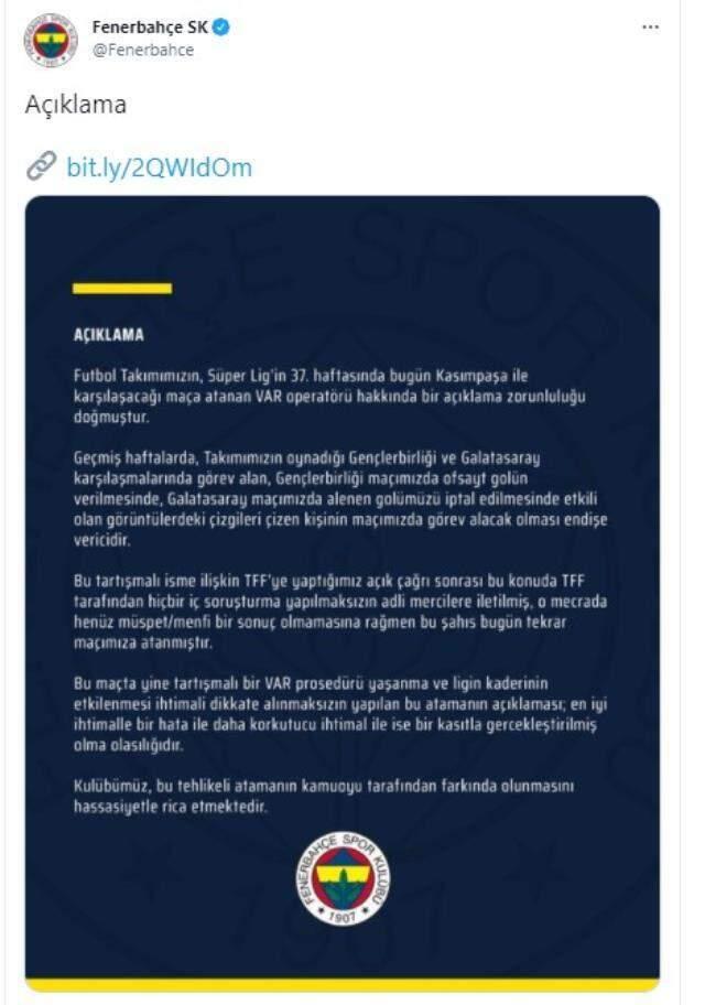 Fenerbahçe reacted to the VAR operator who filed a criminal complaint, taking part in the Kasımpaşa match