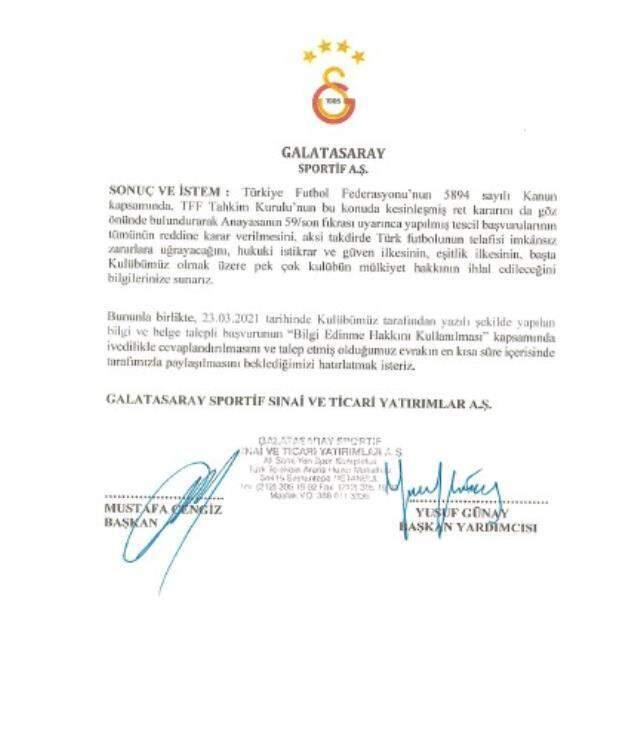 Galatasaray appealed to TFF with the signature of Cengiz for the rejection of Fenerbahçe's application for the championships.