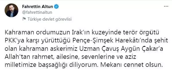 Son dakika: Şehit Uzman Çavuş Aygün Çakar için taziye mesajları paylaşıldı Son dakika: Şehit Uzman Çavuş Aygün Çakar için taziye mesajları paylaşıldı
