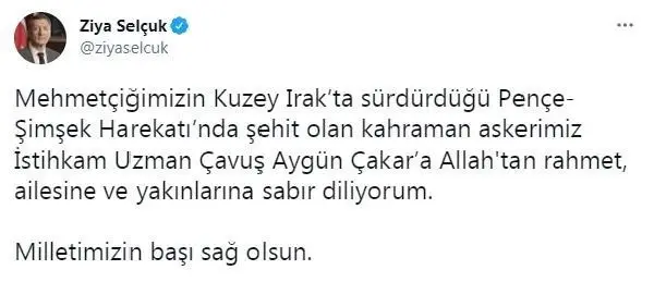 Son dakika: Şehit Uzman Çavuş Aygün Çakar için taziye mesajları paylaşıldı Son dakika: Şehit Uzman Çavuş Aygün Çakar için taziye mesajları paylaşıldı