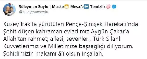 Son dakika: Şehit Uzman Çavuş Aygün Çakar için taziye mesajları paylaşıldı Son dakika: Şehit Uzman Çavuş Aygün Çakar için taziye mesajları paylaşıldı