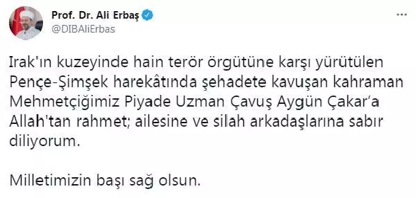 Son dakika: Şehit Uzman Çavuş Aygün Çakar için taziye mesajları paylaşıldı Son dakika: Şehit Uzman Çavuş Aygün Çakar için taziye mesajları paylaşıldı