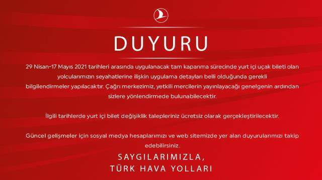 Tam kapanma kararının ardından THY'den seyahat açıklaması
