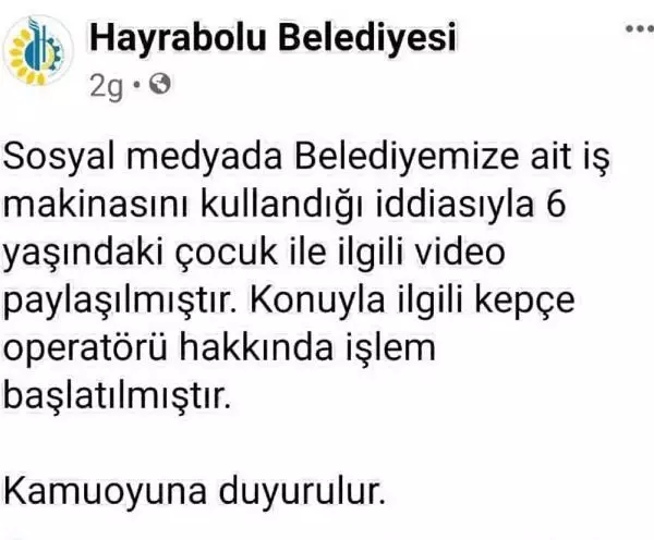 6 YAŞINDAKİ OĞLUNA İŞ MAKİNESİ KULLANDIRAN OPERATÖRE SORUŞTURMA 6 YAŞINDAKİ OĞLUNA İŞ MAKİNESİ KULLANDIRAN OPERATÖRE SORUŞTURMA