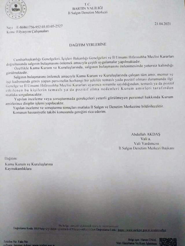 Bartın Valiliği'nin koronaya yakalanan memurlar hakkında soruşturma başlatma kararı aldığı iddiası