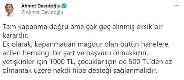 Davutoğlu'ndan hükümete çağrı: Tam kapanmada yetişkinlere 1000 TL, çocuklara 500 TL destek sağlanmalı