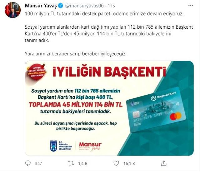 100 milyon TL'lik destek paketi kapsamında ödemeler başladı