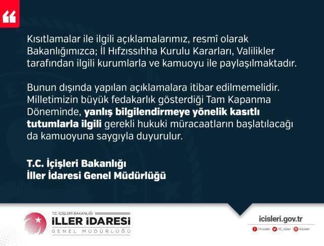 İçişleri Bakanlığı'ndan alkol yasağı açıklaması: Resmi olmayan kurum ve kişilere itibar etmeyiniz İçişleri Bakanlığı'ndan alkol yasağı açıklaması: Resmi olmayan kurum ve kişilere itibar etmeyiniz