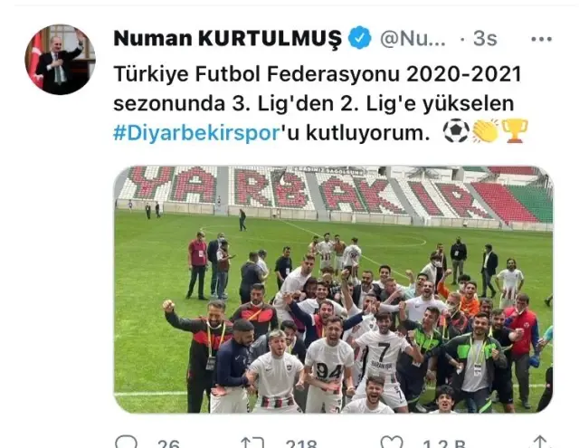 Bakan Soylu şampiyon Diyarbekirspor'u tebrik etti