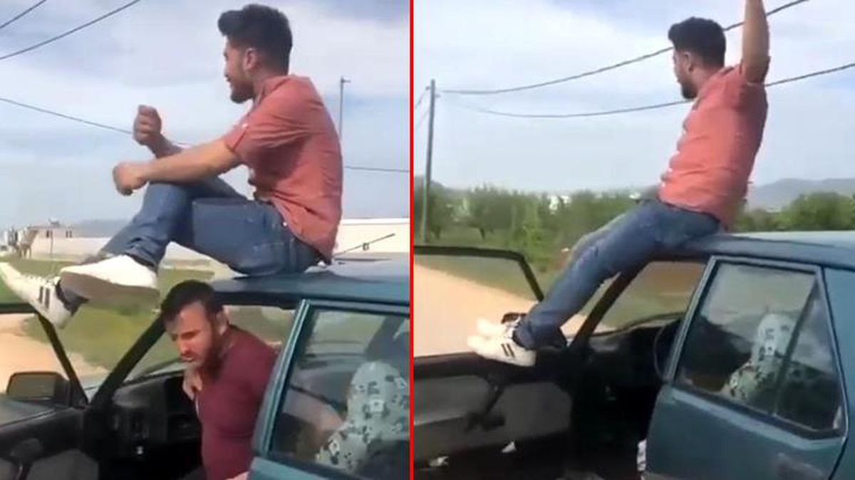Otomobille 'pes' dedirten görüntüler! Önce kapısına çıktı, sonra tavanına oturdu