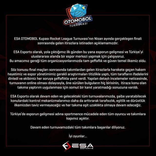 ESA Esports Otomobol turnuvasında yaşanılan olay hakkında açıklama yaptı! ESA Esports Otomobol turnuvasında yaşanılan olay hakkında açıklama yaptı!