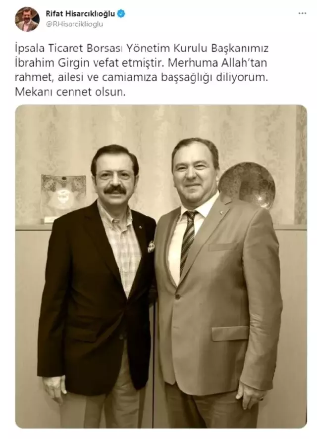İpsala Ticaret Borsası Başkanı Girgin hayatını kaybetti İpsala Ticaret Borsası Başkanı Girgin hayatını kaybetti