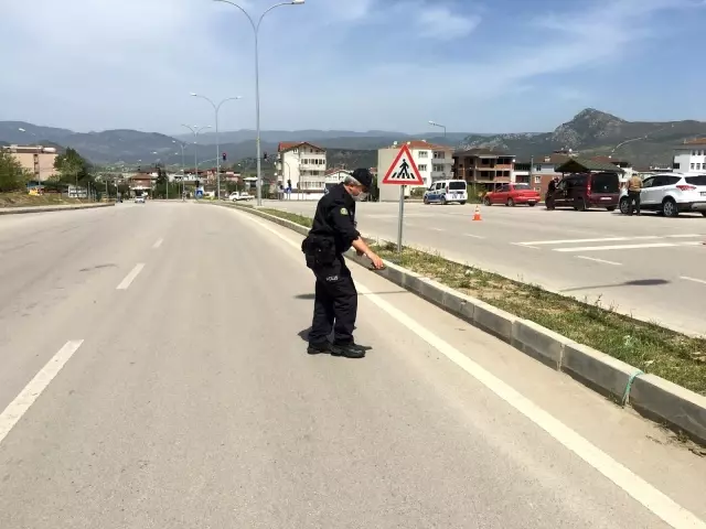 Karayolunu geçmeye çalışan kaplumbağaya polis yardım etti Karayolunu geçmeye çalışan kaplumbağaya polis yardım etti
