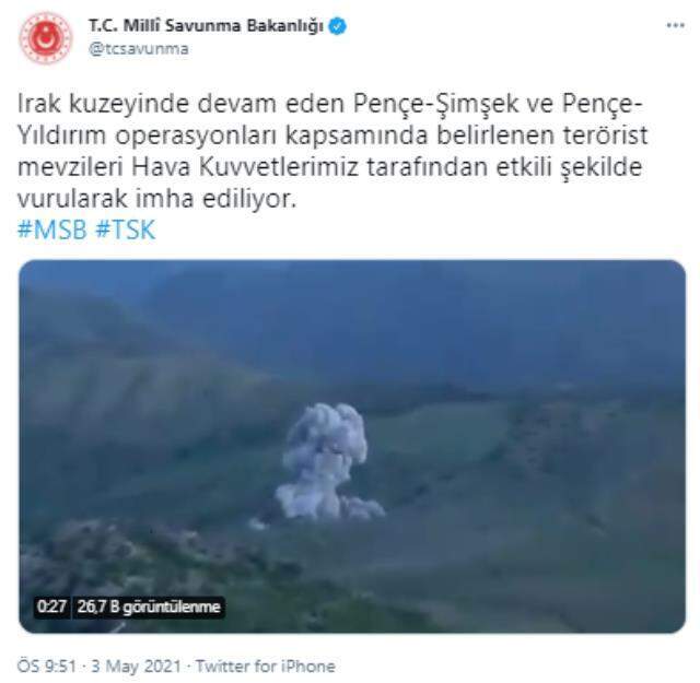 Milli Savunma Bakanlığı paylaştı: Hava Kuvvetleri'nin terörist mevzilerini imha ettiği görüntüler kamerada