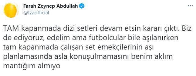 Set çalışanlarının aşılanması gerektiğini söyleyen Farah Zeynep Abdullah, Fahrettin Koca'ya seslendi: Bir adım atılsın Set çalışanlarının aşılanması gerektiğini söyleyen Farah Zeynep Abdullah, Fahrettin Koca'ya seslendi: Bir adım atılsın