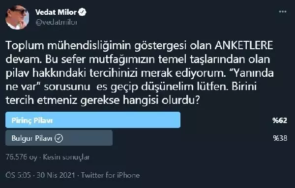 Vedat Milor'un 'pirinç mi, bulgur mu' sorusu ikiye böldü Vedat Milor'un 'pirinç mi, bulgur mu' sorusu ikiye böldü