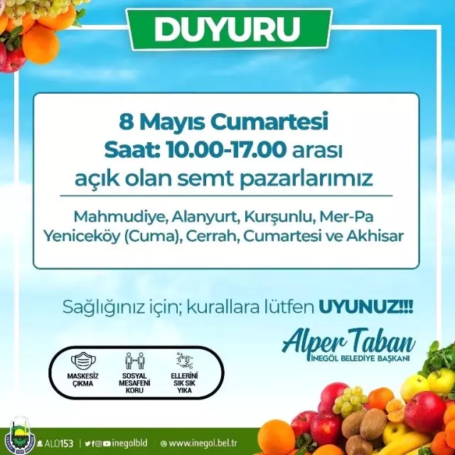 Cumartesi günü İnegöl'de 8 pazar kurulacak Cumartesi günü İnegöl'de 8 pazar kurulacak