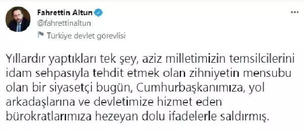 Son Dakika | Cumhurbaşkanlığı İletişim Başkanı Altun'dan, CHP'li Erdoğdu'nun Cumhurbaşkanı Erdoğan'a yönelik sözlerine tepki Açıklaması Son Dakika | Cumhurbaşkanlığı İletişim Başkanı Altun'dan, CHP'li Erdoğdu'nun Cumhurbaşkanı Erdoğan'a yönelik sözlerine tepki Açıklaması