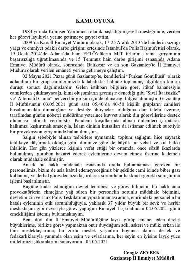Gaziantep Emniyet Müdürü Cengiz Zeybek, cami provokasyonu sonrasında emekliliğini istedi Gaziantep Emniyet Müdürü Cengiz Zeybek, cami provokasyonu sonrasında emekliliğini istedi