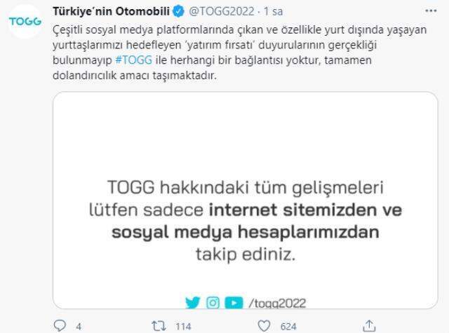 TOGG'dan dolandırıcılık uyarısı: Yatırım fırsatı duyuruları gerçek değil