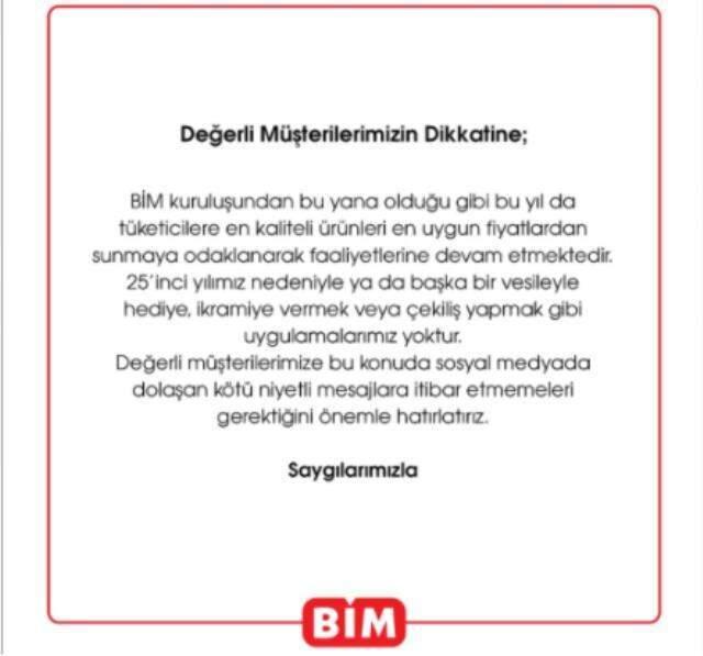 BİM'den vatandaşlara dolandırıcılık uyarısı: 25'nci yıl nedeniyle sosyal medyada dolaşan kampanyalar gerçek değil BİM'den vatandaşlara dolandırıcılık uyarısı: 25'nci yıl nedeniyle sosyal medyada dolaşan kampanyalar gerçek değil