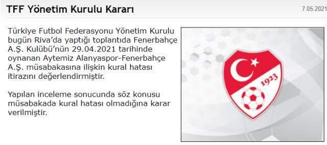 TFF, Fenerbahçe'nin Alanyaspor maçıyla ilgili yaptığı kural hatası başvurusunu reddetti TFF, Fenerbahçe'nin Alanyaspor maçıyla ilgili yaptığı kural hatası başvurusunu reddetti