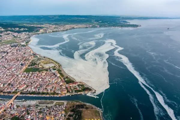 ÇANAKKALE BOĞAZI'NI KAPLAYAN 'DENİZ SALYASI' HAVADAN GÖRÜNTÜLENDİ ÇANAKKALE BOĞAZI'NI KAPLAYAN 'DENİZ SALYASI' HAVADAN GÖRÜNTÜLENDİ