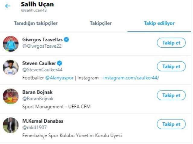 Salih Uçan, sosyal medya hesabından Fenerbahçeli yöneticiyi takip etmeye başladı Salih Uçan, sosyal medya hesabından Fenerbahçeli yöneticiyi takip etmeye başladı