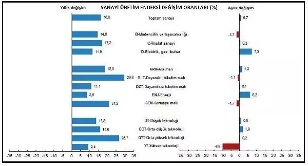 Sanayi üretim endeksi martta aylık bazda yüzde 0,7, yıllık bazda yüzde 16,6 arttı Sanayi üretim endeksi martta aylık bazda yüzde 0,7, yıllık bazda yüzde 16,6 arttı