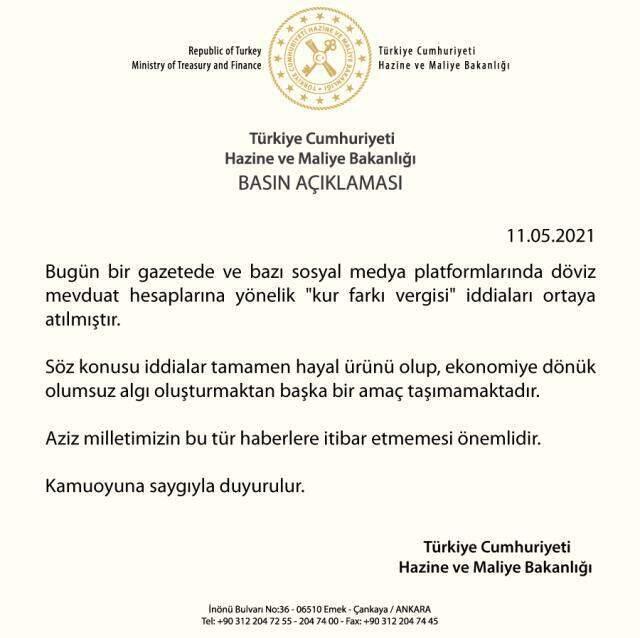 Son dakika: Hazine ve Maliye Bakanlığı, 'kur farkı vergisi çıkarılacağı' iddialarını yalanladı Son dakika: Hazine ve Maliye Bakanlığı, 'kur farkı vergisi çıkarılacağı' iddialarını yalanladı