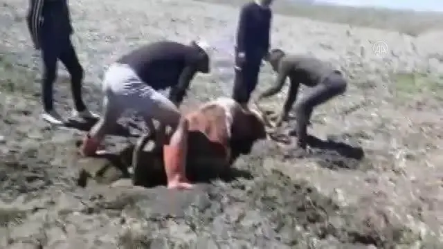 Nehrin kenarında çamura saplanan 2 ineği itfaiye kurtardı Nehrin kenarında çamura saplanan 2 ineği itfaiye kurtardı