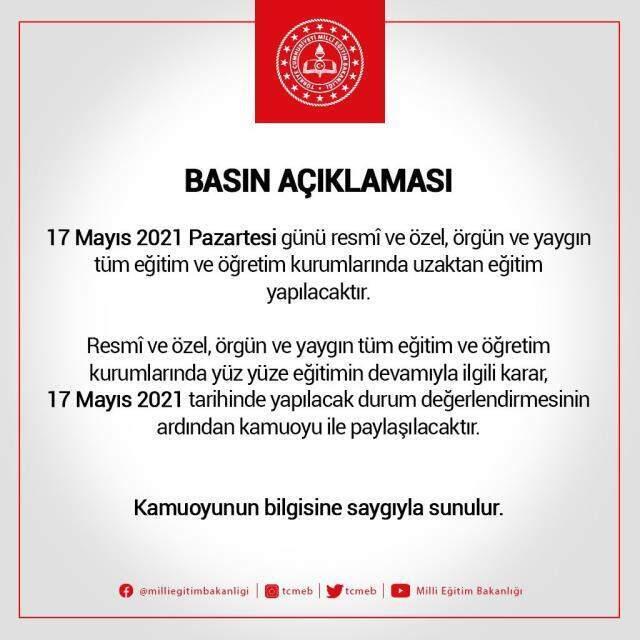 Son Dakika: 17 Mayıs Pazartesi yüz yüze eğitim olacak mı? MEB, kafa karışıklığını giderdi Son Dakika: 17 Mayıs Pazartesi yüz yüze eğitim olacak mı? MEB, kafa karışıklığını giderdi