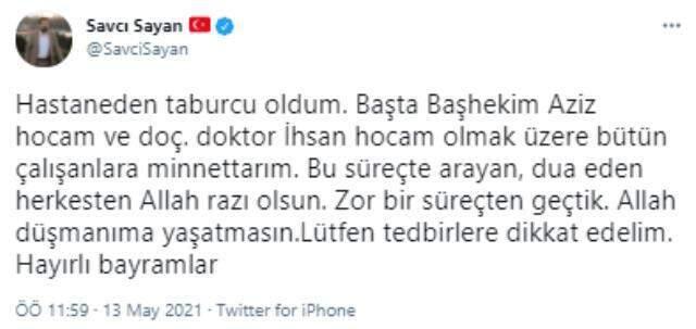 Koronavirüs tedavisi tamamlanan Başkan Sayan taburcu edildi Koronavirüs tedavisi tamamlanan Başkan Sayan taburcu edildi
