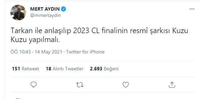 Tarkan'ın 'Kuzu kuzu' adlı parçasının Şampiyonlar Ligi finalinde çalınması için kampanya başlatıldı